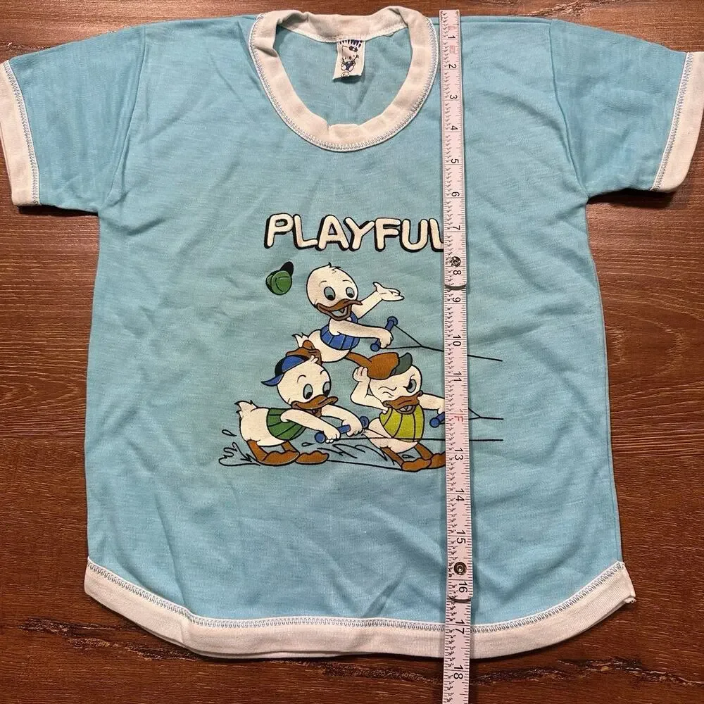Vintage 60s Ringer T Shirt Youth S Blue Short Sleeve Duck Cartoon Playful VTG